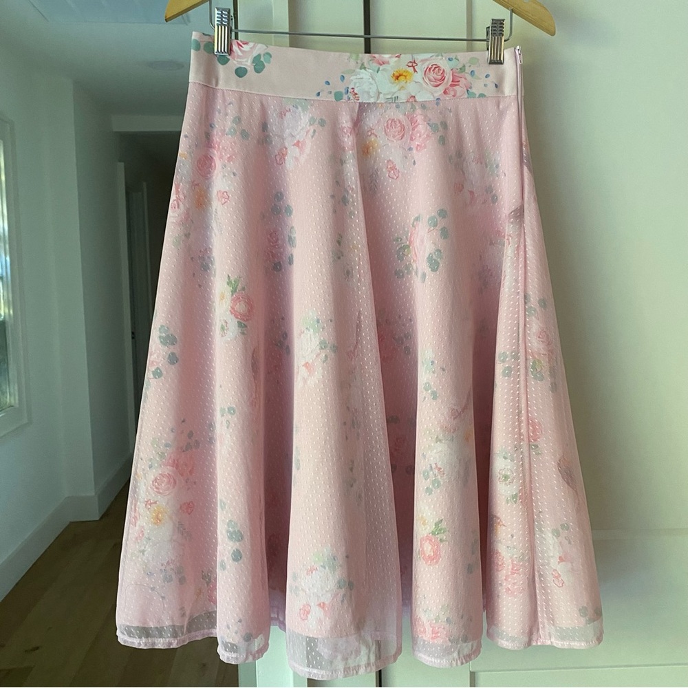 Vintage Pink Floral Midi Skirt Cottagecore Swiss Dot Overlay (28” Waist)